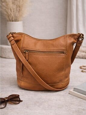 The Sak Leather Crossbody Bag Cognac Brown Pebbled Leather Boho Shoulder